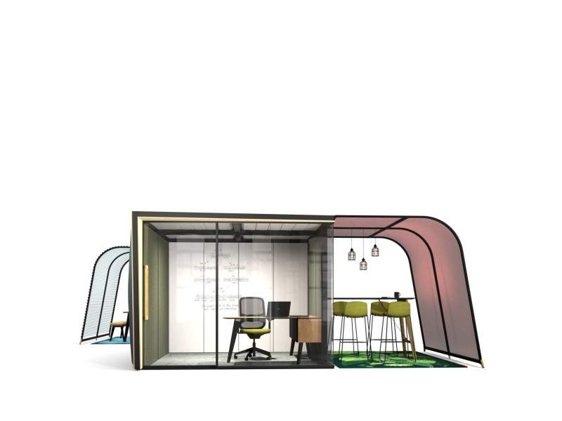 Raum in Raum akustik POD-System Abgeschirmte Raumelemente Abgeschirmte Arbeitsplätze Konferenzplätze Orangebox Campers&Dens