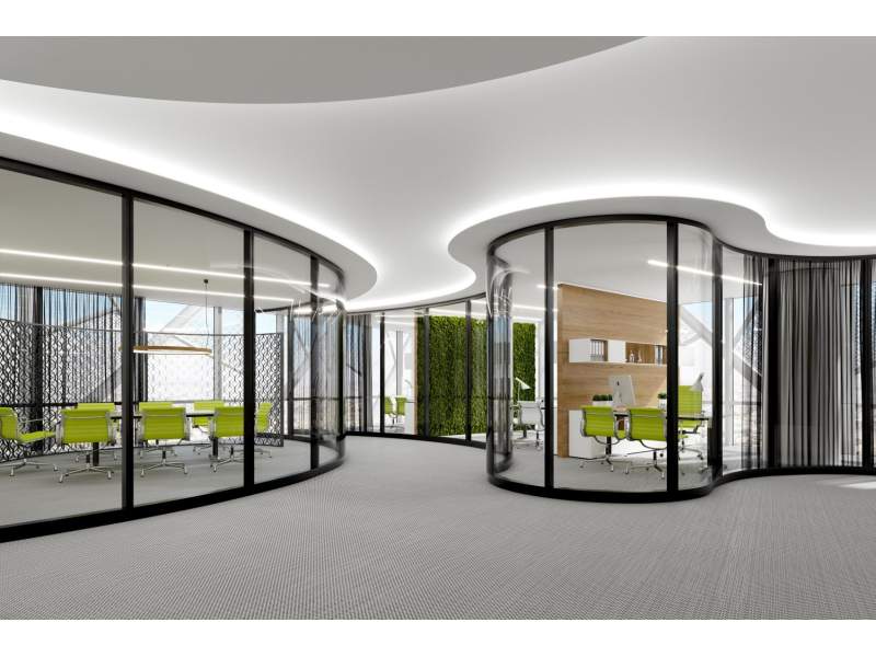 Trennwandsystem Glas Zweischeiben-Verglasung Goldbach Kirchner Akustik Trennwand T65 Curved