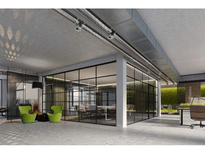 Goldbach Kirchner T50 Loft Ganzglaswand mit schwarzen Sprossen zur transparenten Abtrennung eines Besprechungsraums