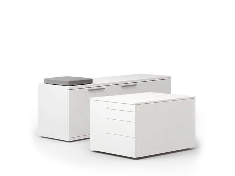 Lowboards weiss Technikcontainer Büro Stauraum Leuwico Tischstauraum