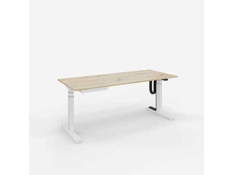 Elektrisch höhenverstellbarer Steh-Sitztisch ZEMP OPUS E33 mit heller Holzplatte und weißem Gestell – ideal für ergonomische Büroarbeitsplätze