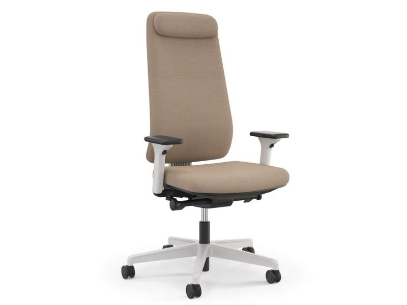 Bürostuhl Prompt Too von Viasit in Beige mit hoher Rückenlehne, verstellbaren Armlehnen und weißem Fußkreuz