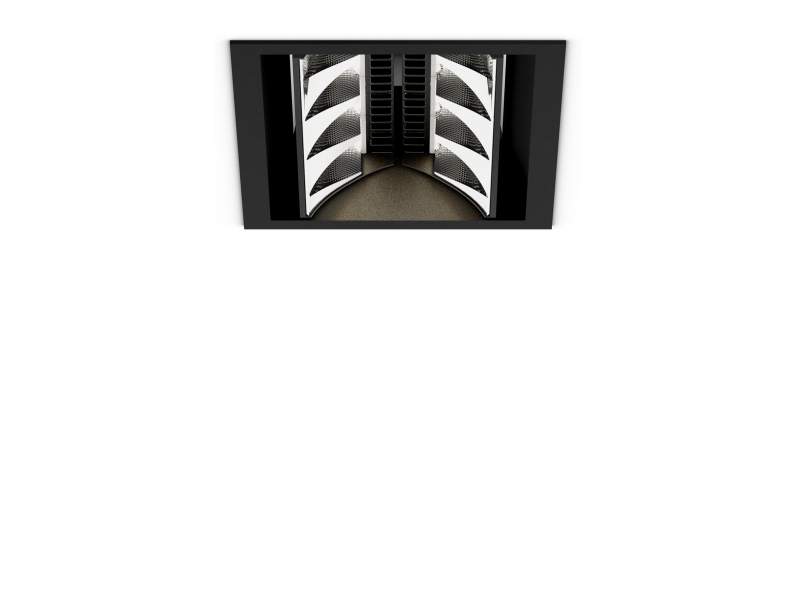 XAL Squadro Deckeneinbaustrahler aus Aluminiumdruckguss in schwarzer Ausführung, rechteckiges Gehäuse mit zwei Lichtmodulen und präzisen Multi-Facettenreflektoren für optimale Regal- und Gangzonenausleuchtung