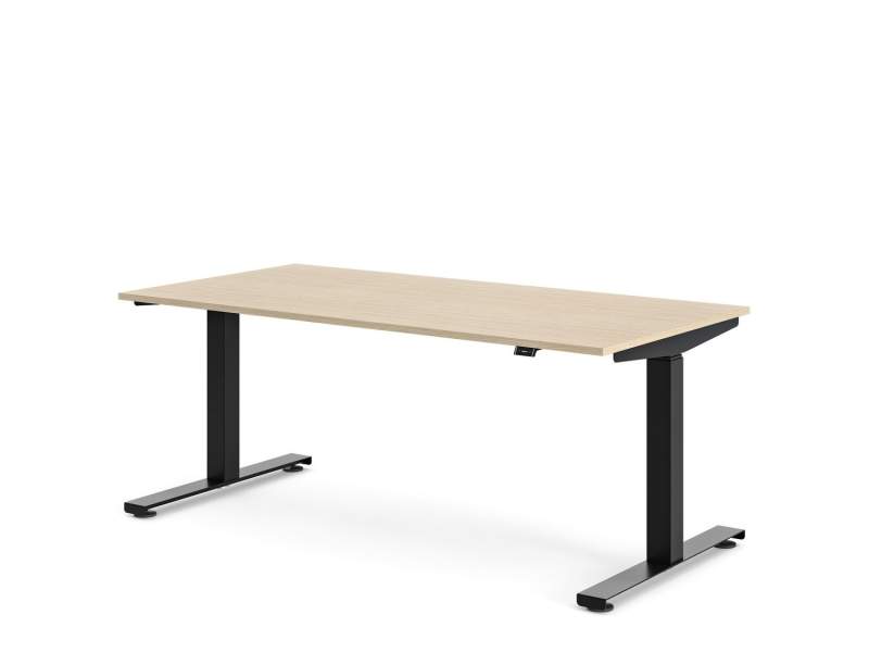 Höhenverstellbarer Tisch Steelcase Possilio mit schwarzem Gestell und heller Tischplatte