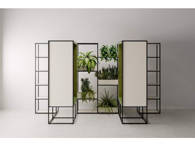 Modulares Regalsystem P5-BOX von Palmberg mit integrierten Pflanzenmodulen als vertikaler Garten im Büro