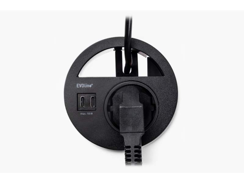 EVOline Circle80 Einbausteckdose mit Steckdosenmodul, USB-Anschlüssen und integriertem Kabeldurchlass für moderne Arbeitsplätze