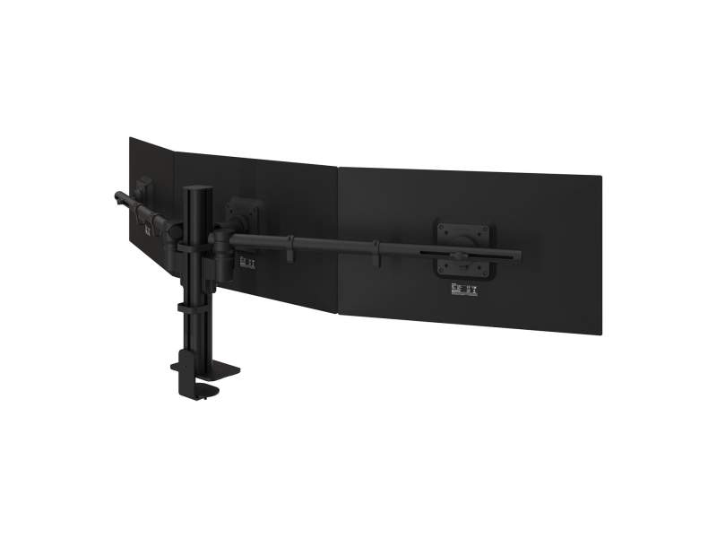Dreifach Monitorhalter Dataflex Viewgo modular Schreibtisch 233 mit schwarzen Monitoraufnahmen für drei Bildschirme