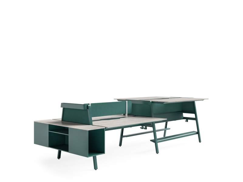 Schreibtischsystem Steelcase Bivi mit integrierter Stauraumeinheit und Bench-Aufbau für Teamarbeitsplätze