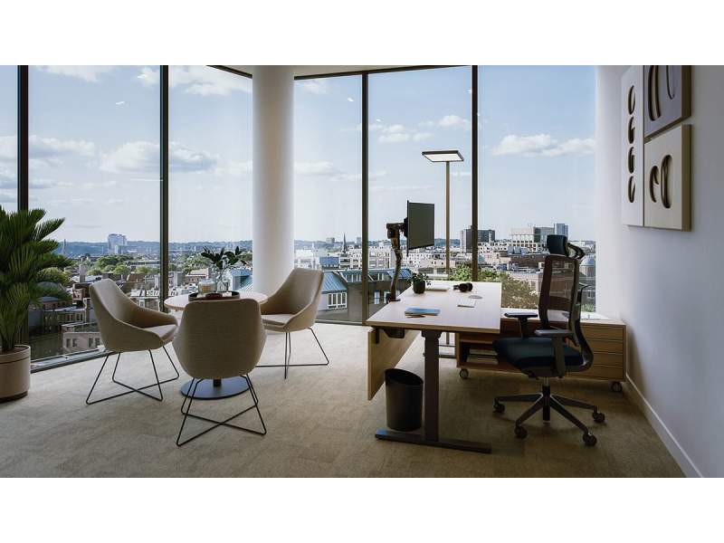 Neudoerfler Officebox Essential Manage Managementbüro mit ergonomischem Arbeitsplatz und Besprechungsbereich für vertrauliche Gespräche