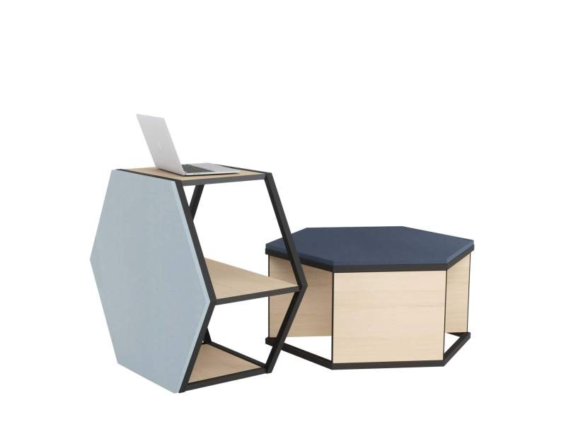 Modulares Regalsystem Connection Nest mit Steharbeitsfläche und gepolstertem Sitzmodul