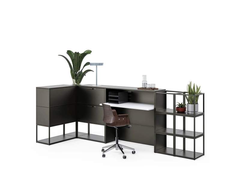 Embru eQ Empfang als modularer Empfangstresen mit Stauraum und Regalelementen
