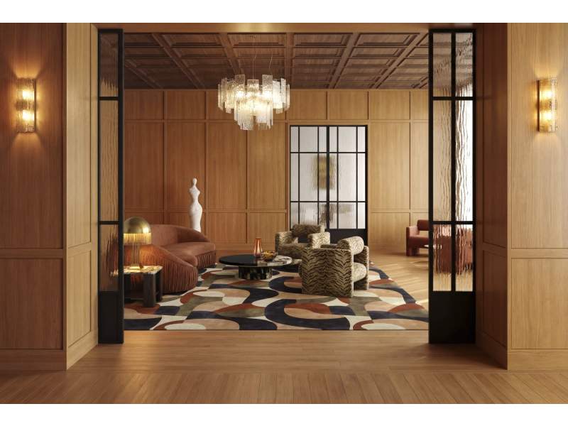 Object Carpet Shape Teppichboden mit großflächigem geometrischem Muster in einer elegant eingerichteten Lounge