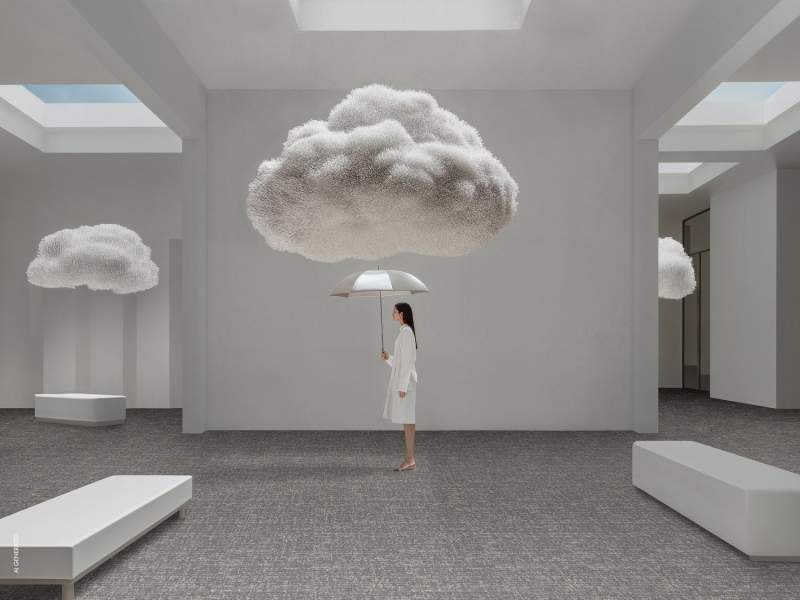 Object Carpet MATRIX Teppichboden in einer minimalistischen Rauminszenierung mit skulpturalen Wolkenelementen