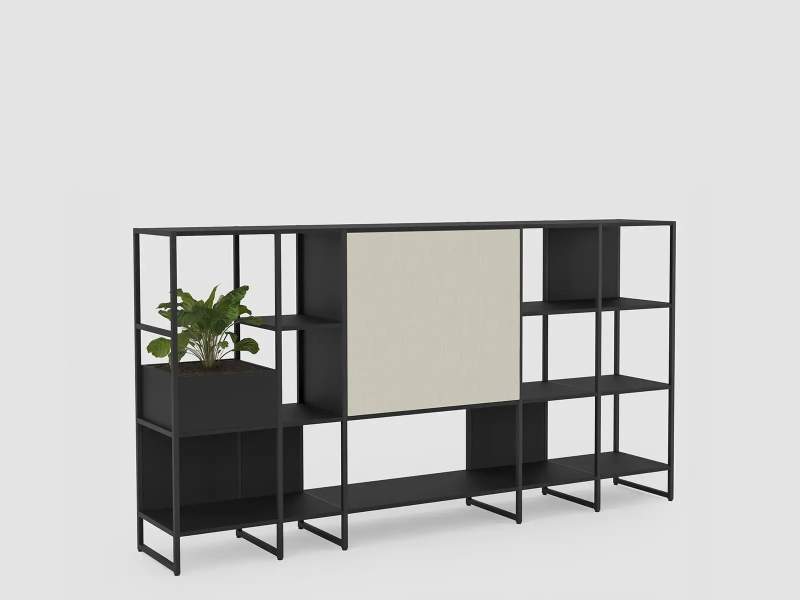 Modulares Regalsystem Bene Metal Rack mit offenen und geschlossenen Stauraummodulen im Metallrahmen