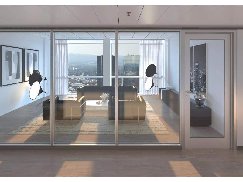 Goldbach Kirchner T36 EI30 Akustik-Trennwand mit Dreischeiben-Verglasung und Brandschutzglas zur Abtrennung eines Loungebereichs