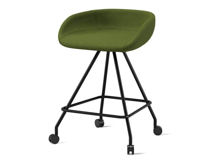 Barhocker Skandiform Fendo – grün gepolsterte Sitzschale mit Rückenlehne, schwarzem Metallgestell, Fußstütze und Rollen