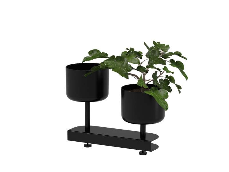 Tischpflanzgefäß Skandiform Allé Mini desk – schwarze Ausführung mit zwei unterschiedlich hohen Pflanztöpfen auf gemeinsamer Halterung