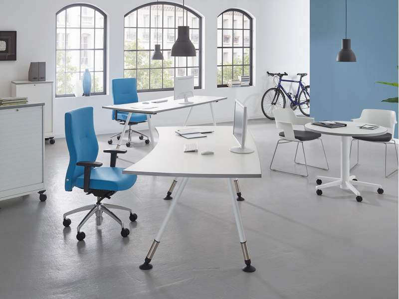 Weißer Schreibtisch modern Büromöbel Schreibtische abgerundet weiß Metallfüße fm Büromöbel, all in one - fm 44