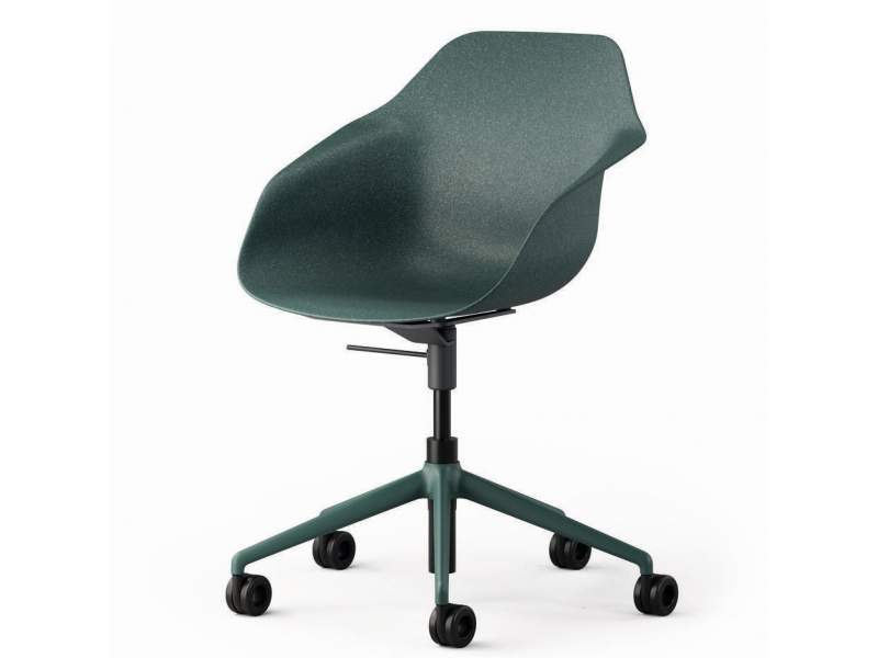 Wilkhahn Yonda Schalenstuhl in Grün, Ansicht auf weißem Hintergrund, nachhaltiger Designstuhl aus BioComposit