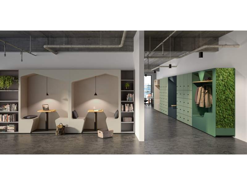 grün Lounge Büro Sitzmöbel Modulare Sitzgruppen abgeschirmte Raumelemente Arbeitsplatz Konferenzplatz Schrankkoje Werner works Parkour