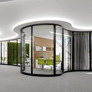 Trennwandsystem Glas Zweischeiben-Verglasung Goldbach Kirchner Akustik Trennwand T65 Curved
