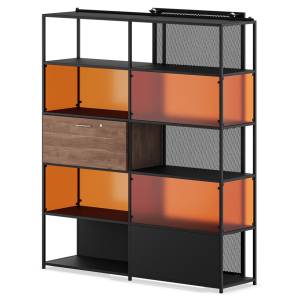Modulares Regalsystem König + Neurath ACTA.PRO mit offenen Fächern und farbigen Rückwandelementen zur strukturierten Aufbewahrung
