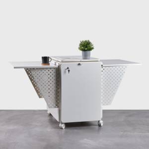 Arbeitsplatz flexibel Home Office weiss Tisch mit Schränke fahrbar Movo THE FREE SPIRIT