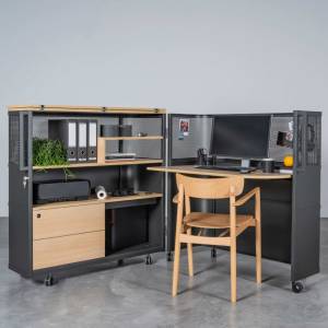 Arbeitsplatz flexibel Home Office Holz Tisch mit Schränke fahrbar klapbar Movo THE VISIONARY