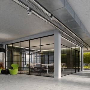 Goldbach Kirchner T50 Loft Ganzglaswand mit schwarzen Sprossen zur transparenten Abtrennung eines Besprechungsraums
