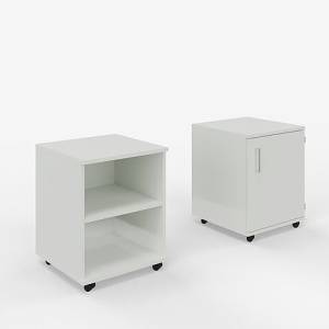 Zwei mobile OPTIMO Druckermöbel von ZEMP – offen und mit Tür, jeweils auf Rollen für flexible Nutzung im Büro