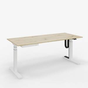 Elektrisch höhenverstellbarer Steh-Sitztisch ZEMP OPUS E33 mit heller Holzplatte und weißem Gestell – ideal für ergonomische Büroarbeitsplätze