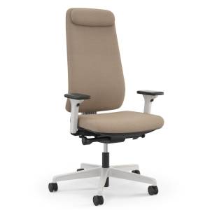 Bürostuhl Prompt Too von Viasit in Beige mit hoher Rückenlehne, verstellbaren Armlehnen und weißem Fußkreuz