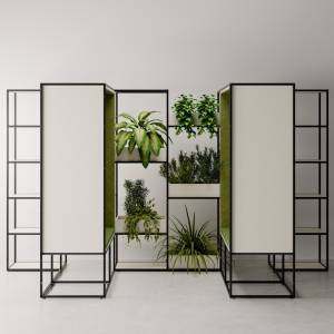 Modulares Regalsystem P5-BOX von Palmberg mit integrierten Pflanzenmodulen als vertikaler Garten im Büro
