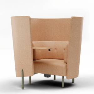 Orangebox Diggs – akustisch optimierte Einzelpersonenkabine mit hoher Rückenlehne, ergonomischer Sitzhaltung und Eichenarbeitsfläche für konzentriertes Arbeiten