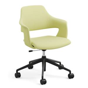 K+N NOOK.SHELL Stuhl von König + Neurath mit hellgrüner Vollpolster-Schale und schwarzem Kunststoff-Fußkreuz auf Rollen.