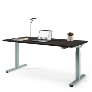 Höhenverstellbarer Cantaris Steh-Sitz-Tisch von Assmann in dunkler Ausführung mit Laptop, Lampe und Zubehör.