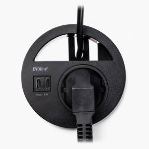EVOline Circle80 Einbausteckdose mit Steckdosenmodul, USB-Anschlüssen und integriertem Kabeldurchlass für moderne Arbeitsplätze