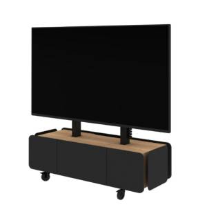 Medienmöbel Febrü FlexView als mobiles Präsentationssystem mit integriertem Displayhalter auf Rollen