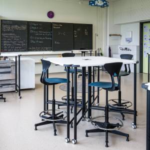 Lista Office LO Schulhaus Paradiesli Aarburg Unterrichtsraum mit höhenverstellbaren Tischen und Hockern für flexibles Lernen