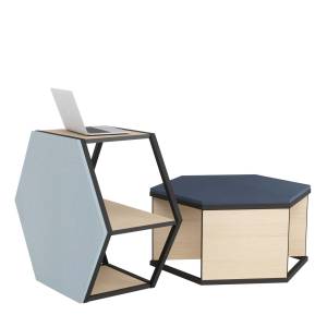 Modulares Regalsystem Connection Nest mit Steharbeitsfläche und gepolstertem Sitzmodul