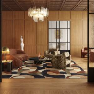 Object Carpet Shape Teppichboden mit großflächigem geometrischem Muster in einer elegant eingerichteten Lounge
