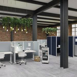 mauser Büro- und Objektmöbel conexius.w Akustik-Stellwandsystem zur Zonierung eines Coworking-Bereichs im Industrieloft