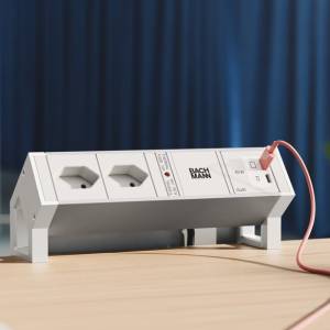 Bachmann DESK 2 ALU WHITE Steckdosenleiste am Arbeitsplatz zum Anschluss von Laptop und mobilen Geräten