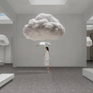 Object Carpet MATRIX Teppichboden in einer minimalistischen Rauminszenierung mit skulpturalen Wolkenelementen