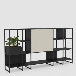 Modulares Regalsystem Bene Metal Rack mit offenen und geschlossenen Stauraummodulen im Metallrahmen