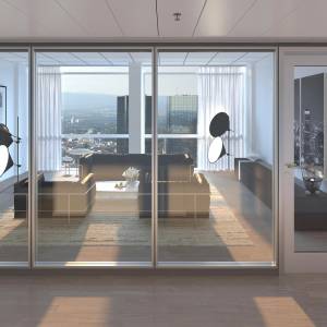 Goldbach Kirchner T36 EI30 Akustik-Trennwand mit Dreischeiben-Verglasung und Brandschutzglas zur Abtrennung eines Loungebereichs