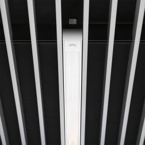 Zumtobel Supersystem Inline Lichtsystem in einer Lamellendecke mit linearer Leuchte und integriertem Strahler