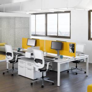 Weißer Schreibtisch Akustiktrennwand gelb, Team-Tisch Büro Team-Tische Großraumbüro Büromöbel , Steelcase, FrameFour Bench