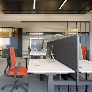 CEKA NeoTex Tischaufsatzelemente als akustische Abschirmung in modernem Open-Space-Büro