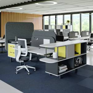 Projektinsel Büro höhenverstellbarer Arbeitstisch Doppelarbeitsplatz Büros Loungemöbel Stauraum Servicepoint Black & White CEKA Meet & Seat